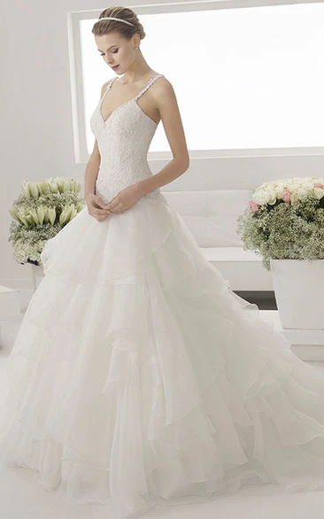Appliqued Spaghetti Straps V Neck Layered Bridal Gown With Drop Waist