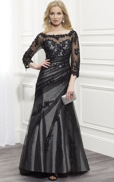A-Line Scoop-Neck Appliqued Floor-Length 3-4-Sleeve Tulle&Satin Formal Dress With Beading And Side Draping
