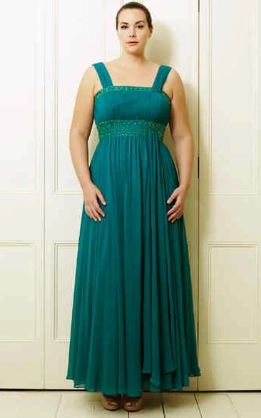 A-Line Strapped Beaded Ankle-Length Sleeveless Chiffon Plus Size Prom Dress With Pleats