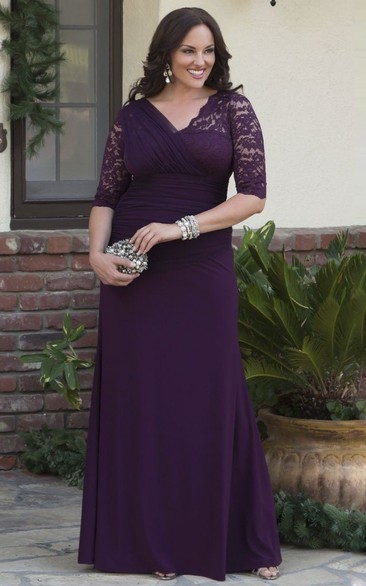 Lace And Tulle Tiered Appliqued V-neck Jersey 3/4 Sleeve Sheath Gown