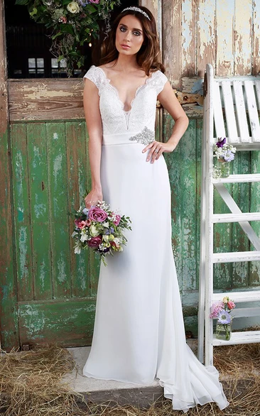 Sheath Floor-Length Jeweled V-Neck Cap-Sleeve Satin&Chiffon Wedding Dress With Lace