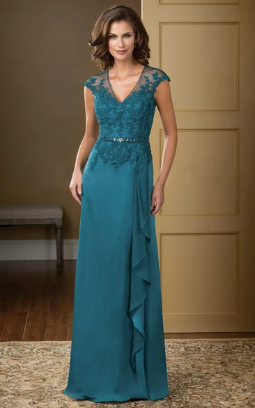 Cap-Sleeved V-Neck Long Gown With Ruffles And Crystals