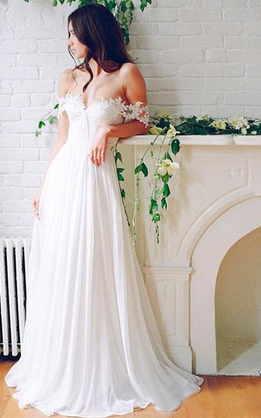 A Line Off-the-shoulder Chiffon Lace Zipper Wedding Gown