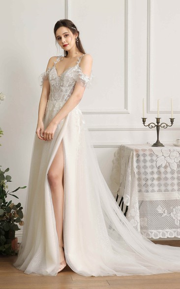Lace Appliqued Boned Sexy Front Split Wedding Dress With Straps And Off-the-shoulder Sleeves