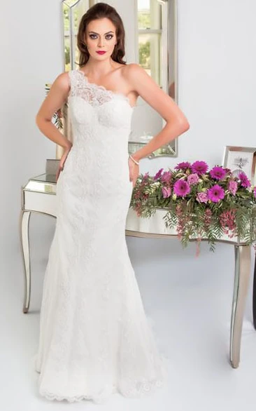 Sheath Sleeveless One-Shoulder Lace Wedding Dress