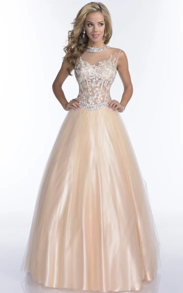 Tulle A-Line Sleeveless Crystal Neck Prom Dress With Keyhole Back And Lace Bodice