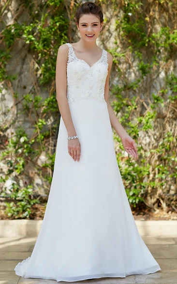 Sleeveless Maxi V-Neck Chiffon Wedding Dress With Beading And V Back