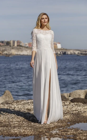 Georgous Half Sleeve Front Split Lace Chiffon Button Wedding Dress