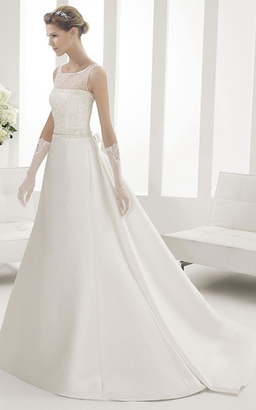 Illusion Jewel Neck Satin Wedding Gown With Crystal Bodice