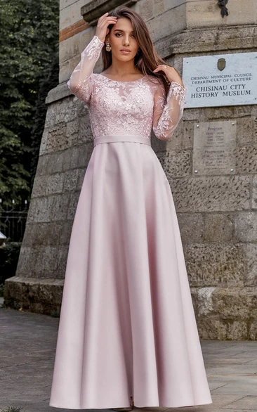Simple A Line Lace Floor-length Long Sleeve Formal Dress with Ruching