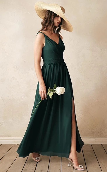 Elegant Chiffon Ankle-length V-neck A Line Sleeveless Bridesmaid Dress With Ruching