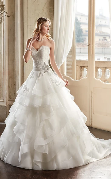 A-Line Draped Sweetheart Organza Wedding Dress With Tiers And Broach