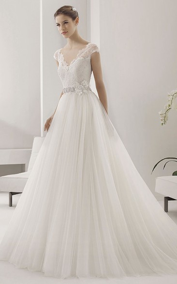 Scalloped V Neck Cap Sleeve Tulle Ball Gown With Lace Top And Beading Floral Waist