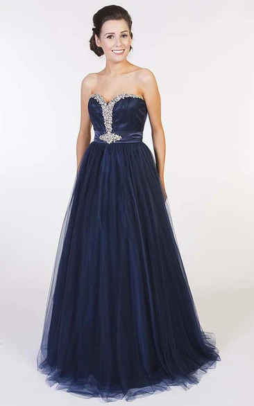 A-Line Beaded Sleeveless Sweetheart Tulle Prom Dress With Corset Back