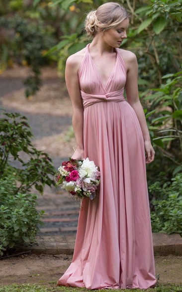 Sleeveless Ruched Halter Chiffon Bridesmaid Dress With Straps