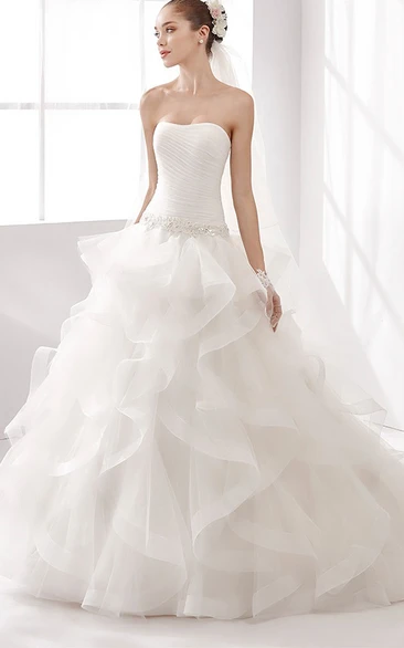 Strapless A-line Wedding Gown With Pleated Bodice and Cascading Ruffles