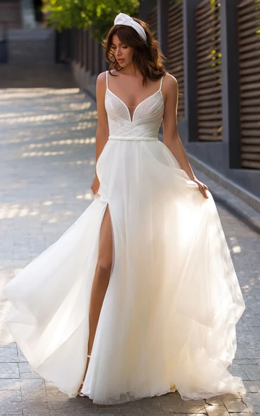 A-Line Halter Spaghetti Sexy Tulle Country Wedding Dress with Criss Cross