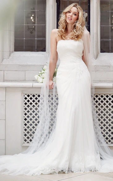 Strapless Long Side-Draped Tulle Wedding Dress With Court Train And V Back