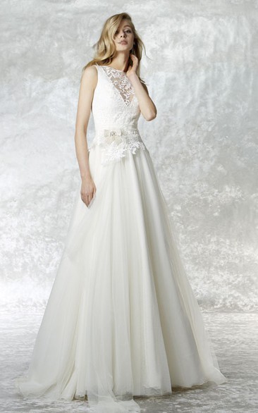 Jewel Maxi Appliqued Tulle Wedding Dress With Court Train And Illusion