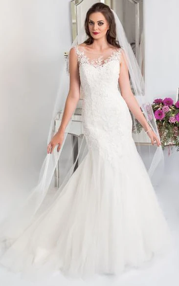 Trumpet Appliqued Floor-Length Sleeveless Bateau Lace&Tulle Wedding Dress With Court Train And Corset Back