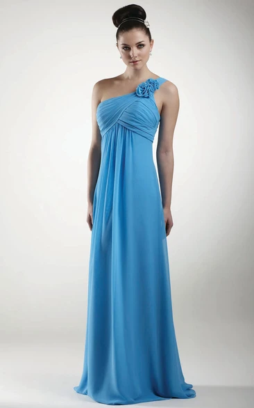 Floor-Length One-Shoulder Ruched Empire Chiffon Bridesmaid Dress With Flower