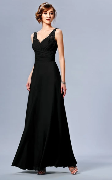Sleeveless V-Neck Long Bridesmaid Dress With Appliqued Straps