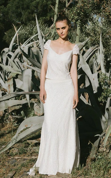 Simple Two Piece V-neck Lace Wedding Dress