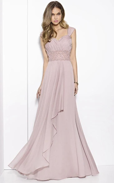 A-Line Ruched Floor-Length Queen-Anne Chiffon Prom Dress With Draping And Waist Jewellery