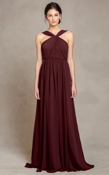 Straps Maxi Ruched Chiffon Bridesmaid Dress With Straps