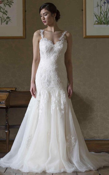 A-Line Scoop-Neck Sleeveless Appliqued Floor-Length Lace&Tulle Wedding Dress