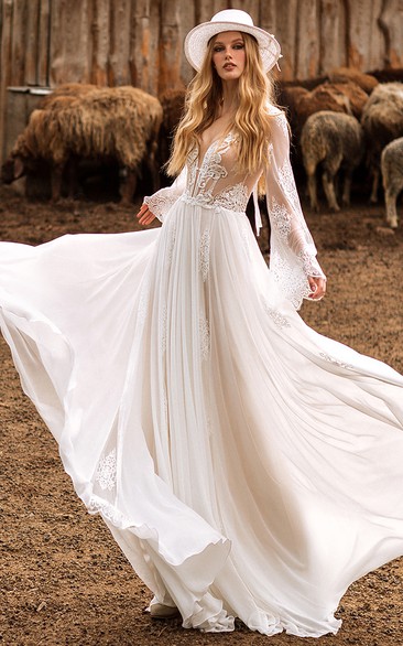 Simple Plunging Neckline A Line Tulle Long Sleeve Floor-length Wedding Dress with Ruching