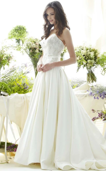 Floor-Length Sweetheart Beaded Satin Wedding Dress With Brush Train And V Back