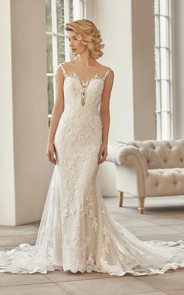 Maxi Bateau Cap-Sleeve Appliqued Lace&Tulle Wedding Dress