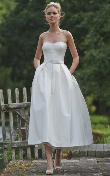Tea-Length Sweetheart Sleeveless Taffeta Wedding Dress