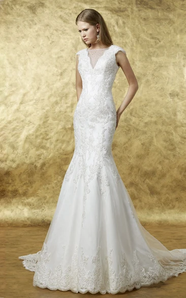 Trumpet Cap-Sleeve Appliqued Long Bateau Lace Wedding Dress With Low-V Back And Chapel Train