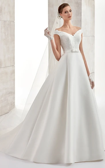 Sweetheart A-line Satin Wedding Dress with Lace Bodice and Brush Train