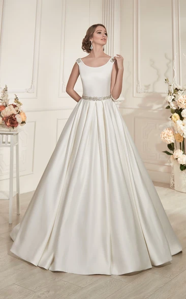 A-Line Floor-Length Scoop-Neck Sleeveless Keyhole Satin Dress With Beading And Pleatings