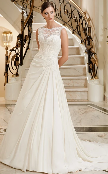 A-Line Maxi Sleeveless Appliqued Jewel-Neck Wedding Dress With Side Draping