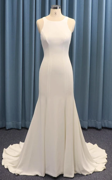 Illusion Back With Buttons Satin Ruching Sleeveless Jewel Neck Mermaid Wedding Dress