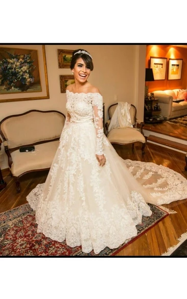 Ball Gown Off-the-shoulder Lace Tulle Zipper Wedding Gown