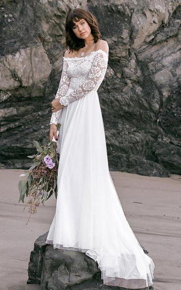 A Line Off-the-shoulder Lace Tulle Sweep Train Long Sleeve Wedding Dress 