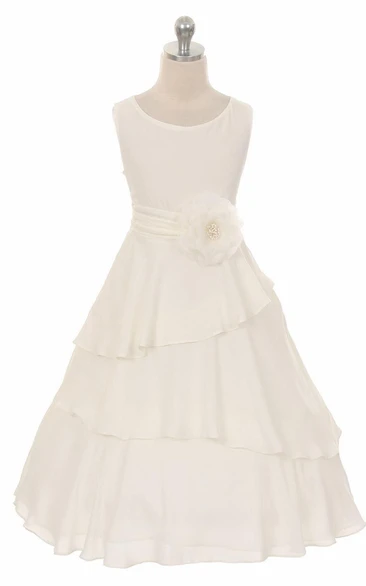 Tea-Length Floral Ruched Floral Chiffon Flower Girl Dress With Sash