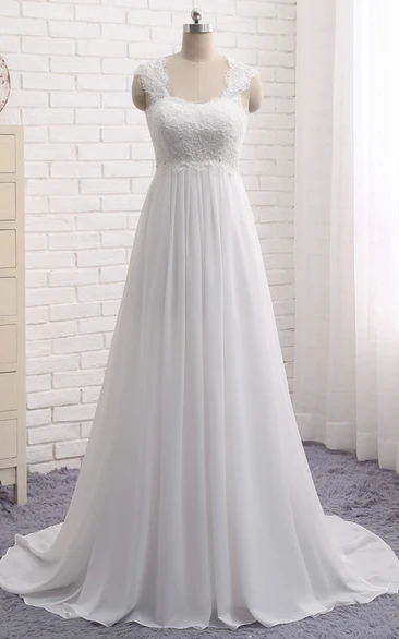 A-line Lace-up Chiffon Empire Elegant Queen Anne Lace Wedding Dress With Key Hole