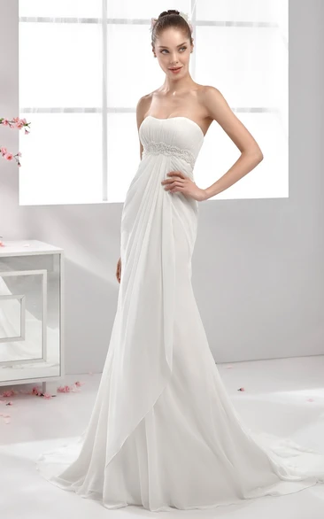 Strapless Pleating Chiffon Wedding Dress With Pearl Waistline And Front Draping