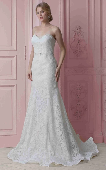 A-Line Sweetheart Floor-Length Jeweled Lace Wedding Dress With Beading And Zipper