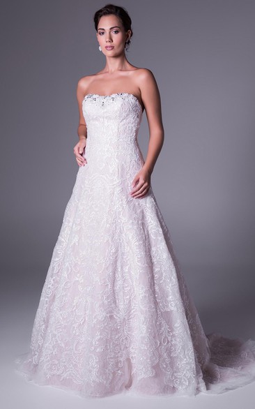 A-Line Long Strapless Lace Wedding Dress With Beading And Deep-V Back