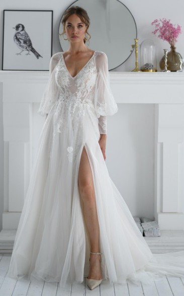 Ethereal A-Line Tulle V-neck Wedding Dress with Appliques and Split Front
