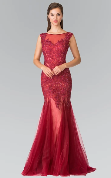 Mermaid Scoop-Neck Sleeveless Tulle Low-V Back Dress With Beading And Appliques