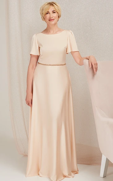 Modest A Line Bateau Satin Floor-length Mother of the Bride Dress with Beading