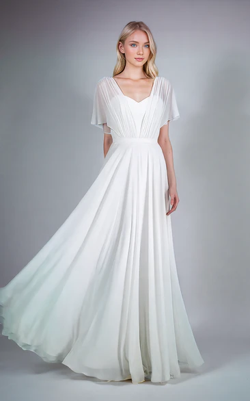 Floor-length Short Sleeve Sweetheart Neck A-Line Corset Back Simple Elegant Pleats Wedding Dress with Sash